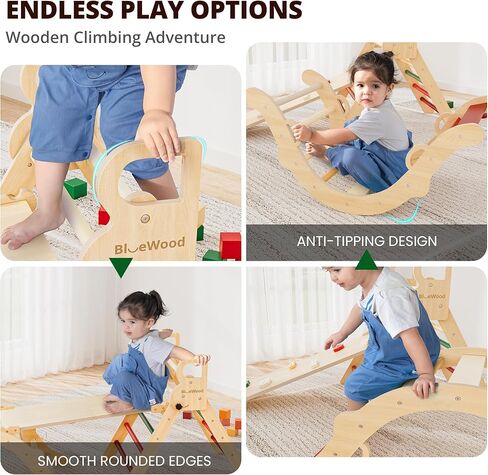 BlueWood Pikler Triangle Set, Toddler Wooden Climbing Toys Indoor 7in1 Foldable Climber for Kids, Montessori Philosophy Play Jungle Gym with Arch, Ramp, Ladder (Colorful Spring) in Kuwait