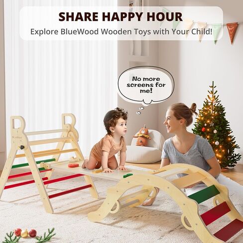 BlueWood Pikler Triangle Set, Toddler Wooden Climbing Toys Indoor 7in1 Foldable Climber for Kids, Montessori Philosophy Play Jungle Gym with Arch, Ramp, Ladder (Colorful Spring) in Kuwait