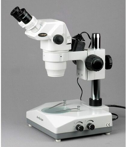 AmScope ZM-2B Professional Binocular Stereo Zoom Microscope, EW10x Eyepieces, 6.7X-45X Magnification, 0.67X-4.5X Zoom Objective, Upper and Lower Halogen Lighting, Pillar Stand, 110V-120V in Saudi Arabia