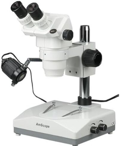 AmScope ZM-2B Professional Binocular Stereo Zoom Microscope, EW10x Eyepieces, 6.7X-45X Magnification, 0.67X-4.5X Zoom Objective, Upper and Lower Halogen Lighting, Pillar Stand, 110V-120V in Saudi Arabia