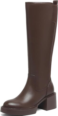 Women's Knee High Boots Chunky Block Heel Boots Stretch Calf Round Toe Side Zipper Platform Tall Boots Fall Comfort Long Boots in Saudi Arabia