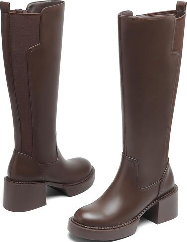 Women's Knee High Boots Chunky Block Heel Boots Stretch Calf Round Toe Side Zipper Platform Tall Boots Fall Comfort Long Boots in Saudi Arabia