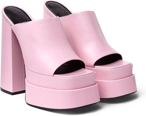 Women's Square Open Toe High Heels Slippers 15cm /6in Fashion Slip On Platform Chunky Pump Stable Sandals in Saudi Arabia