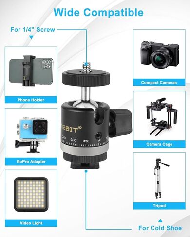 UTEBIT Mini Tripod Head Ball Head with 1/4 Hot Shoe Adapter 360° Rotatable Ball Head Hot Shoe Ball Head Aluminium with Camera Hot Shoe Ball Joint Holder Compatible with Nikon, HTC Vive VR in Saudi Arabia