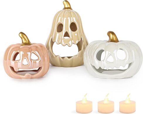 Sunlit Ceramic Ghost with 3 Tea Lights, Spooky Candle Holder Set of 3, Tabletop Indoor Halloween Decorations for Holiday Party Home, Spooky Sculptures Ghost Figurines, White in Saudi Arabia
