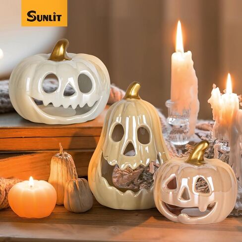 Sunlit Ceramic Ghost with 3 Tea Lights, Spooky Candle Holder Set of 3, Tabletop Indoor Halloween Decorations for Holiday Party Home, Spooky Sculptures Ghost Figurines, White in Saudi Arabia