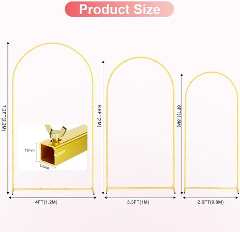 EMART Metal Arch Backdrop Stand Set of 3 (6/6.6/7.2 Ft) Gold Balloon Arch Stand for Wedding Decor, Baby Shower , Birthday Party, Photography, Wedding Arches Frame with 12 Ground Nails/3 Carry Bags in Saudi Arabia