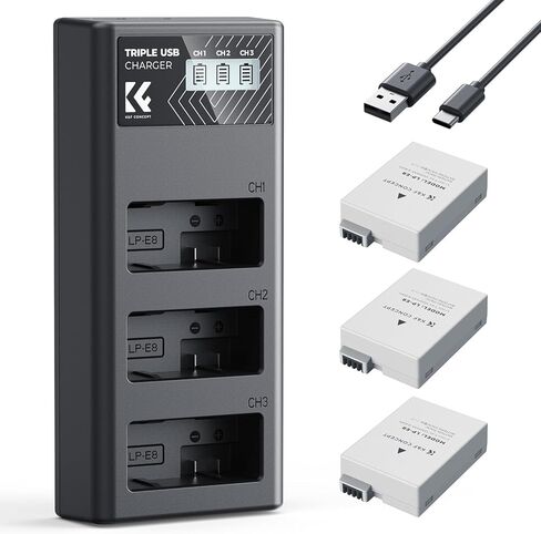 K&F Concept 3-pack LP-E8 وشاحن LCD مطور متوافق مع Canon EOS Rebel T2I ، T3I ، T4I ، T5I ، 550D ، 600D ، 650D ، 700D ، KISS X4 ، KISS X5 ، KISS X6 Cameras in Kuwait