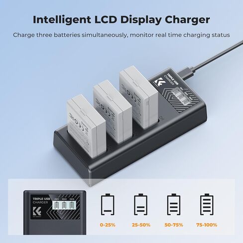 K&F Concept 3-pack LP-E8 وشاحن LCD مطور متوافق مع Canon EOS Rebel T2I ، T3I ، T4I ، T5I ، 550D ، 600D ، 650D ، 700D ، KISS X4 ، KISS X5 ، KISS X6 Cameras in Kuwait