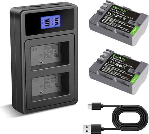 بطارية en-el3e 2-pack 2200mAh وشاحن USB مزدوج متوافق مع Nikon D50 ، D70 ، D70S ، D80 ، D90 ، D100 ، D200 ، D300 ، D300S ، D700 Digital SLR Cameras (EN-EL3E) in Kuwait