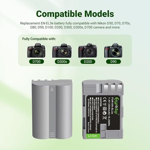 بطارية en-el3e 2-pack 2200mAh وشاحن USB مزدوج متوافق مع Nikon D50 ، D70 ، D70S ، D80 ، D90 ، D100 ، D200 ، D300 ، D300S ، D700 Digital SLR Cameras (EN-EL3E) in Kuwait