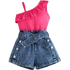 Kids Toddler Girls Summer Outfits Trendy Sleeveless One Shoulder Ruffle Hem Tops + Bow Denim Shorts Set in Saudi Arabia