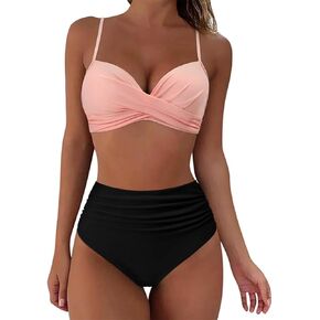 High Waisted Bikini Set for Women, Black Wrap Top with Leopard Print Bottom Beachwear, Padded Two Piece Swimsuit PQ3404 in Kuwait