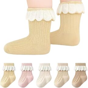 5 Pairs Baby Socks for Girls Boys 0-3T Ruffle Frilly Turn Cuff Cotton Mesh Ankle Socks Infant Toddler in Saudi Arabia