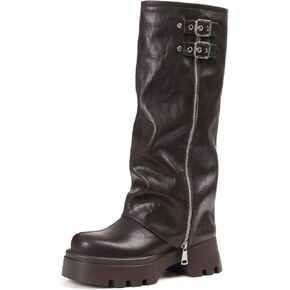 Women's Knee High Fold Over Boots Chunky Platform Lug Sole Comfortable Leather Round Toe Goth Moto Combat Dress Boots for Women in Kuwait