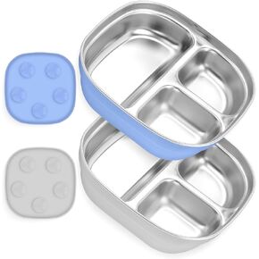 Stainless Steel Toddler Plate with Suction, Divided Deeper Baby Plates with Removable Silicone Sleeves for Kids, BPA Free| Non Toxic| Removable Base| Unbreakable Dinnerware 2 pack（Blue + Grey） in Saudi Arabia
