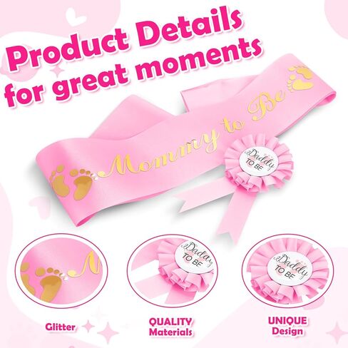 Mom to Be Sash with Gold Glitter Letters and Expecting Dad Badge Comes with Ribbon , Shower Decorations for Girl Gender Reveal Party Gift(Pink) in Kuwait
