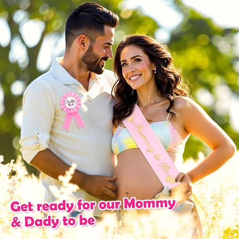 Mom to Be Sash with Gold Glitter Letters and Expecting Dad Badge Comes with Ribbon , Shower Decorations for Girl Gender Reveal Party Gift(Pink) in Kuwait