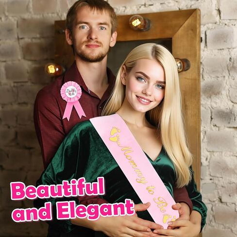 Mom to Be Sash with Gold Glitter Letters and Expecting Dad Badge Comes with Ribbon , Shower Decorations for Girl Gender Reveal Party Gift(Pink) in Kuwait