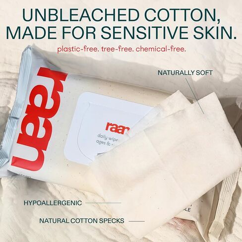 Raan ، 100 ٪ مناديل Cotton Baby & Toddler ، غير محسوس ، 99 ٪ من الماء النقي ، غير معقوف ، تم التحقق من EWG ، مصنوع من الجلد الحساس ، ناعم ودائم ، 4 حزمة ، 240 عدد in Saudi Arabia