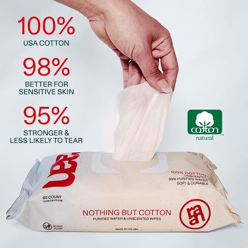 Raan ، 100 ٪ مناديل Cotton Baby & Toddler ، غير محسوس ، 99 ٪ من الماء النقي ، غير معقوف ، تم التحقق من EWG ، مصنوع من الجلد الحساس ، ناعم ودائم ، 4 حزمة ، 240 عدد in Saudi Arabia