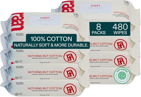 Raan ، 100 ٪ مناديل Cotton Baby & Toddler ، غير محسوس ، 99 ٪ من الماء النقي ، غير معقوف ، تم التحقق من EWG ، مصنوع من الجلد الحساس ، ناعم ودائم ، 4 حزمة ، 240 عدد in Saudi Arabia