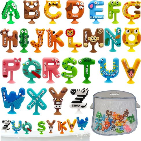 26PCS Suction Bath Toys Mold-Free | Bathtub Letters & Animal Sensory Toys with Shark Storage Organizer for Toddlers | Education Games | No Hole Silicone ABC Alphabet Learning Toys for Kids Ages 3-5 in Saudi Arabia
