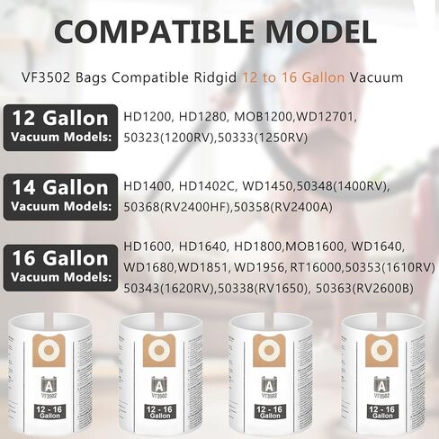 9 حزمة 23743 VF3502 أكياس الفراغ متوافقة مع الفراغات الرطبة/الجافة من Ridgid 12-16 جالون ، وأكياس مرشح الغبار عالية الكفاءة ، وحجم A ، Fits WD1950 ، WD1956 ، WD1850 ، RV2400HF in Kuwait