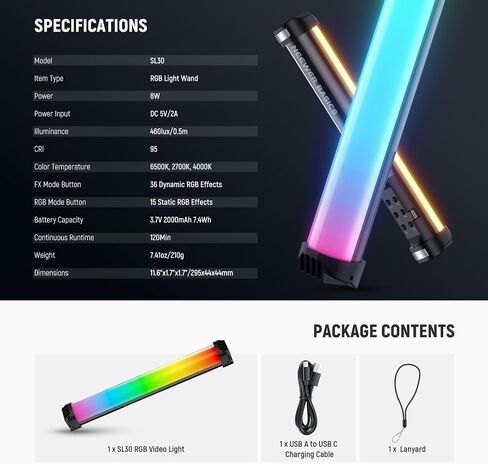 NEEWER Basics 12" Magnetic RGB Light Wand, CRI95 Dimmable 8W LED Handheld Video Tube Lighting Stick with 51 RGB Modes, 2000mAh Battery for YouTube TikTok Camera Streaming Studio Video Recording, SL30 in Saudi Arabia