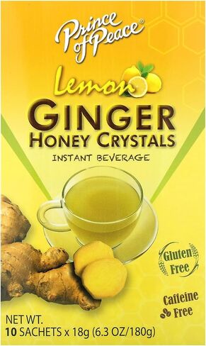 Prince of Peace Instant Natural Lemon Ginger Honey Crystals, 10 Sachets – Instant Hot or Cold Beverage for Nausea Relief and Soothes Throat – Easy to Brew Ginger and Honey Crystals in Kuwait