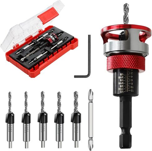 7-Piece Countersink Drill Bit Set with Aluminum Alloy Stop Collar, a Screwdriver Bit, 5 HSS M2 Tapered Bits and a Wrench, 1/4" Hex Shank Countersink Drill Bit for Woodworking in Saudi Arabia