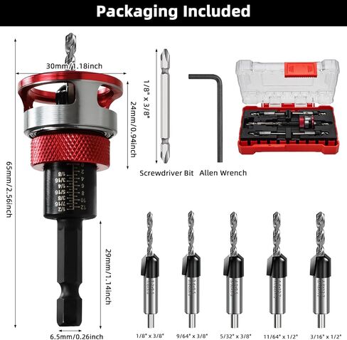 7-Piece Countersink Drill Bit Set with Aluminum Alloy Stop Collar, a Screwdriver Bit, 5 HSS M2 Tapered Bits and a Wrench, 1/4" Hex Shank Countersink Drill Bit for Woodworking in Saudi Arabia