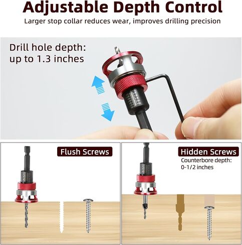 7-Piece Countersink Drill Bit Set with Aluminum Alloy Stop Collar, a Screwdriver Bit, 5 HSS M2 Tapered Bits and a Wrench, 1/4" Hex Shank Countersink Drill Bit for Woodworking in Saudi Arabia