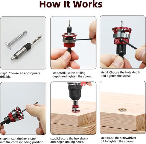 7-Piece Countersink Drill Bit Set with Aluminum Alloy Stop Collar, a Screwdriver Bit, 5 HSS M2 Tapered Bits and a Wrench, 1/4" Hex Shank Countersink Drill Bit for Woodworking in Saudi Arabia