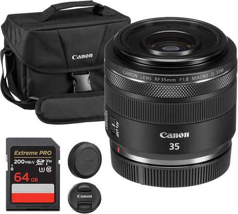 Canon RF 35mm F/1.8 Macro هو عدسة STM-Prime مضغوط عريض الزاوية مع فتحة F/1.8 ، تثبيت الصور و 1: 2 تركيز الماكرو (2973C002) حقيبة الكتف + 64 جيجابايت in Saudi Arabia