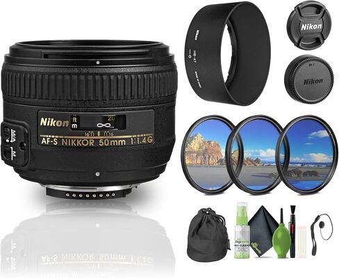 Nikon AF-S Nikkor 50mm F/1.4g Auto Focus Lens + Cleaning Kit + 3 قطعة مرشح KIT + CAP LENS (متجدد) in Saudi Arabia
