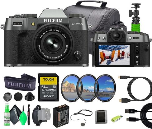 Fujifilm X-T50 Mirrorless Digital Camera XC15-45mmF3.5-5.6 OIS PZ Lens Bundle Kit with 64GB SF-M Tough UHS-II Memory Card + Mc Pro Filter Kit + Camara Bag + More Accessories (Charcoal Silver) in Saudi Arabia