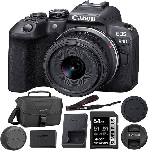 Canon EOS R10 كاميرا بدون مرآة مع حزمة عدسة RF-S 18-45 مم مع عدسة RF 75-300mm + 64 جيجابايت بطاقة الذاكرة + Canon 200es EOS الكتف (4 عناصر) in Kuwait