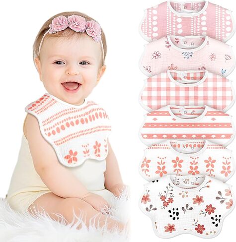 6 Pack Baby Muslin Bibs for Girls Boys Adjustable 100% Cotton Soft for Drooling and Teething Organic Lap-Shoulder in Saudi Arabia