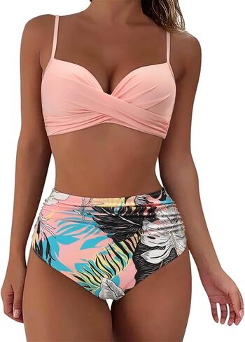High Waisted Bikini Set for Women, Black Wrap Top with Leopard Print Bottom Beachwear, Padded Two Piece Swimsuit PQ3404 in Kuwait