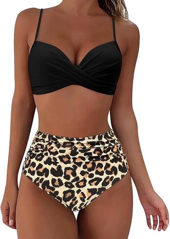 High Waisted Bikini Set for Women, Black Wrap Top with Leopard Print Bottom Beachwear, Padded Two Piece Swimsuit PQ3404 in Kuwait