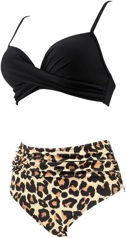 High Waisted Bikini Set for Women, Black Wrap Top with Leopard Print Bottom Beachwear, Padded Two Piece Swimsuit PQ3404 in Kuwait