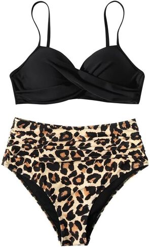 High Waisted Bikini Set for Women, Black Wrap Top with Leopard Print Bottom Beachwear, Padded Two Piece Swimsuit PQ3404 in Kuwait