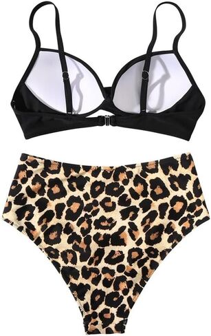 High Waisted Bikini Set for Women, Black Wrap Top with Leopard Print Bottom Beachwear, Padded Two Piece Swimsuit PQ3404 in Kuwait