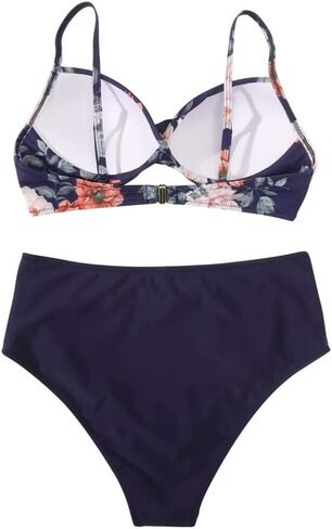 High Waisted Bikini Set for Women, Black Wrap Top with Leopard Print Bottom Beachwear, Padded Two Piece Swimsuit PQ3404 in Kuwait