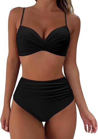 Ladies High Waist Two Piece Swimsuit, Women Ruched Bikini Set with Twist Front Top Push Up Solid Color Beach Wear PQ3404B in Saudi Arabia