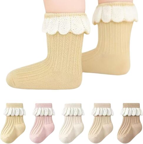 5 Pairs Baby Socks for Girls Boys 0-3T Ruffle Frilly Turn Cuff Cotton Mesh Ankle Socks Infant Toddler in Saudi Arabia