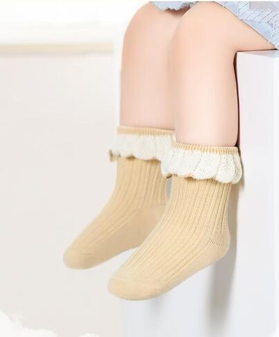 5 Pairs Baby Socks for Girls Boys 0-3T Ruffle Frilly Turn Cuff Cotton Mesh Ankle Socks Infant Toddler in Saudi Arabia