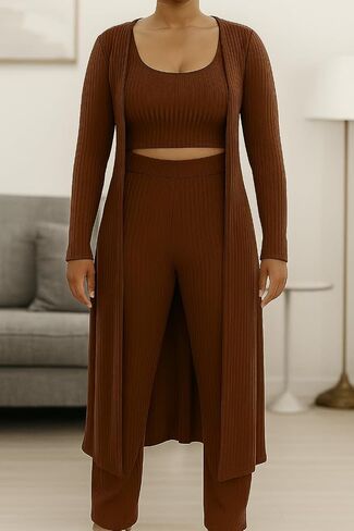 Maternity-Friendly 3-Piece Knit Lounge Set – Longline Cardigan, Cropped Tank, and Wide-Leg Pants in Saudi Arabia