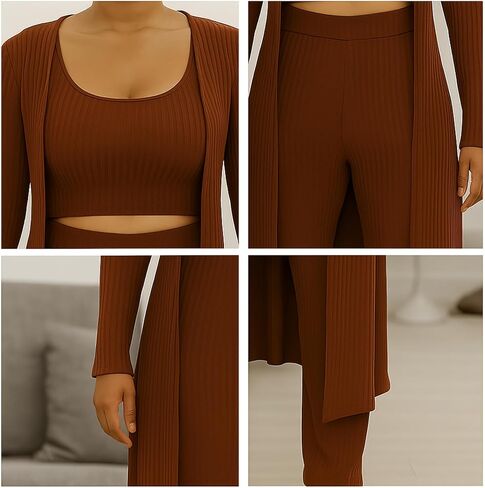 Maternity-Friendly 3-Piece Knit Lounge Set – Longline Cardigan, Cropped Tank, and Wide-Leg Pants in Saudi Arabia